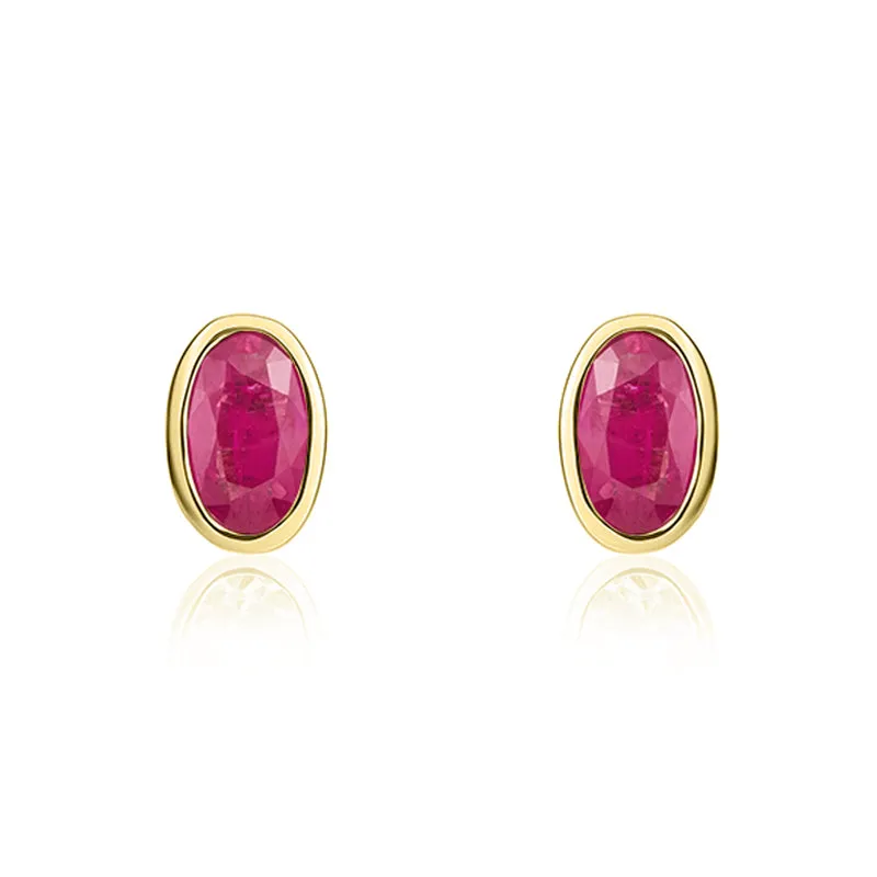 9ct Yellow Gold Ruby 5x3mm Oval Rub Over Set Stud Earrings made by C.W. Sellors