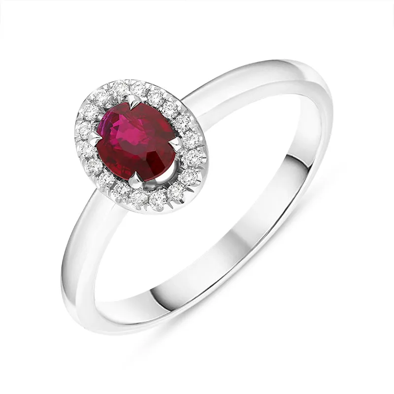 18ct White Gold Ruby Diamond Oval Cluster Ring made by C.W. Sellors