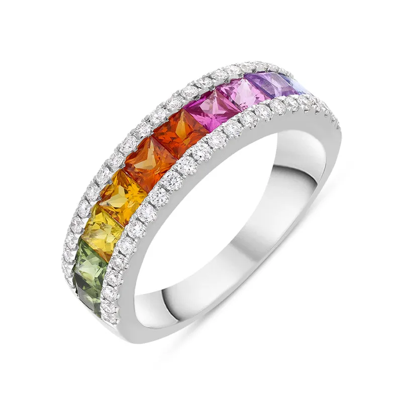 18ct White Gold Sapphire Diamond Princess Cut Multicolour Half Eternity Ring made by C.W. Sellors