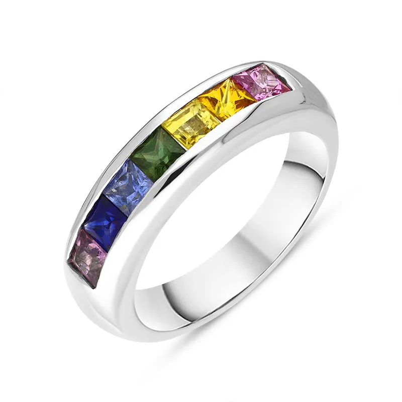 18ct White Gold Sapphire Princess Cut Multicolour Half Eternity Ring made by C.W. Sellors