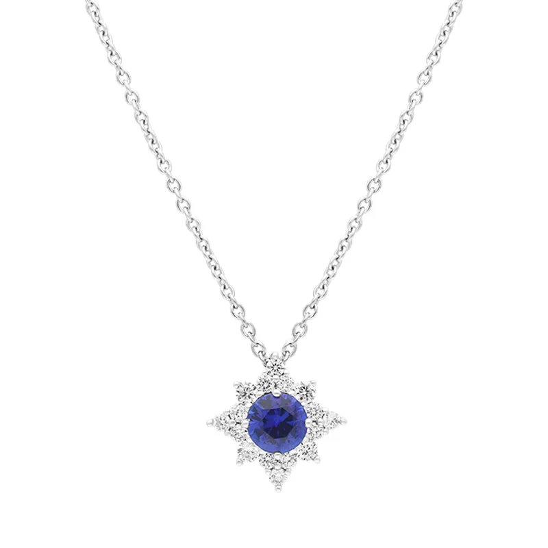 18ct White Gold Sapphire Diamond Flower Cluster Necklace made by C.W. Sellors