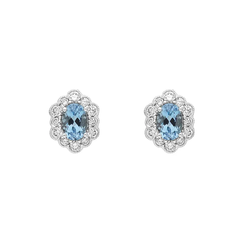 18ct White Gold 0.78ct Aquamarine Diamond Oval Cluster Stud Earrings made by C.W. Sellors