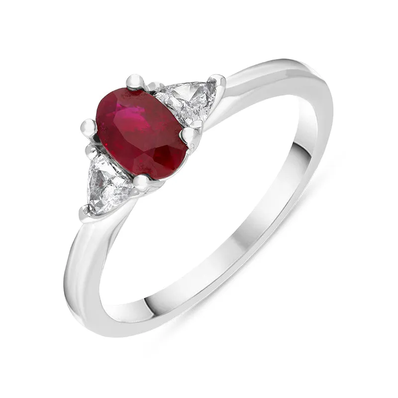 18ct White Gold Ruby Diamond Oval and Pear Cut Three Stone Ring made by C.W. Sellors