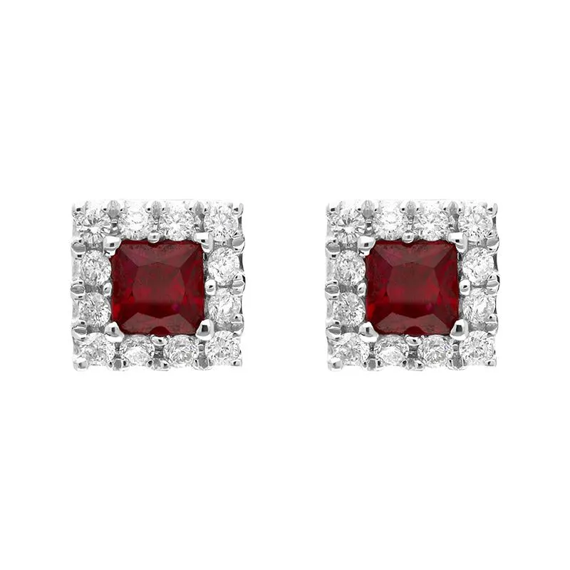 18ct White Gold Ruby Diamond Square Cluster Stud Earrings made by C.W. Sellors