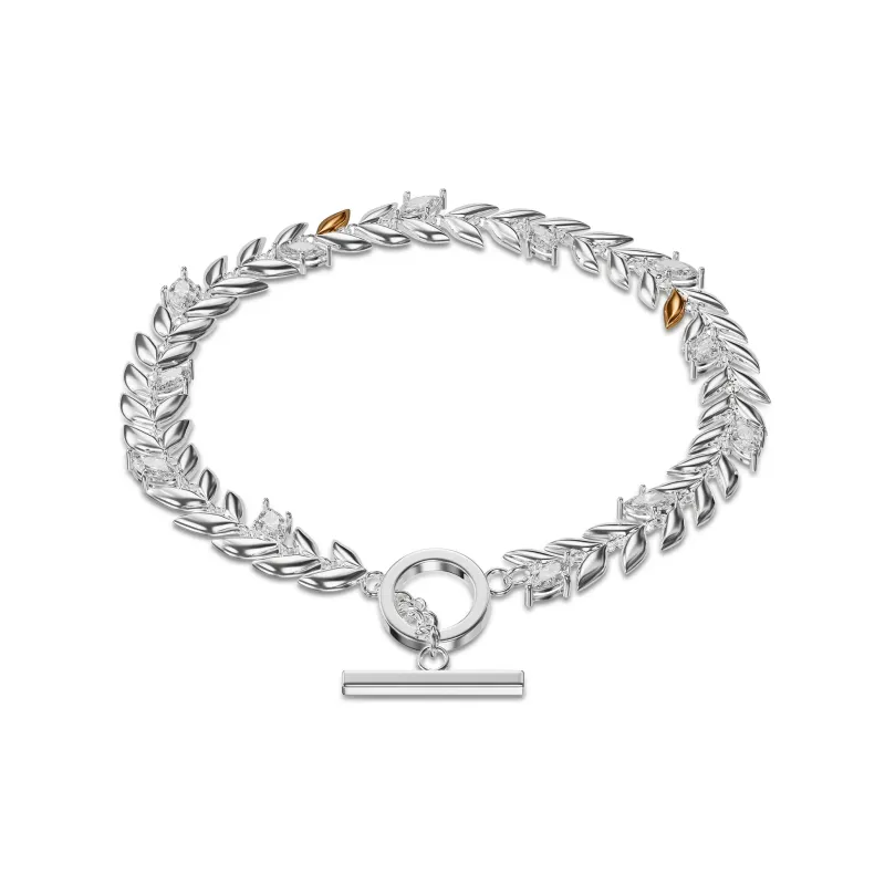 Royal Clogau Sterling Silver Swarovski Zirconia Leaf T-Bar Bracelet made by C.W. Sellors