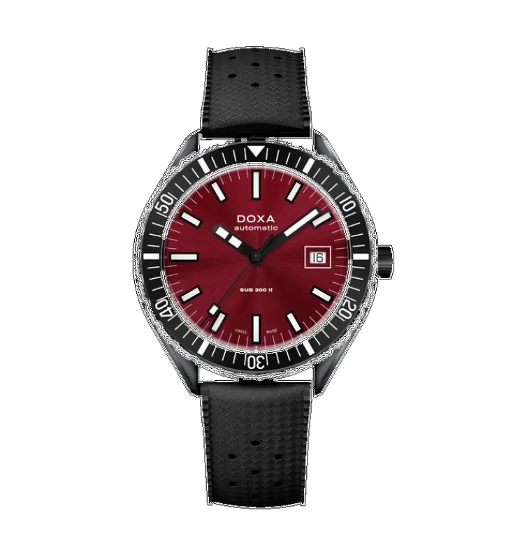 Doxa Sub 200 II Redcoral Rubber Strap Black Watch made by C.W. Sellors