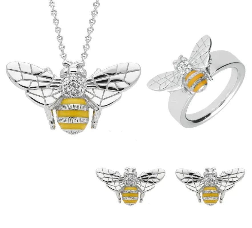 Sterling Silver Swarovski Crystal Enamel Bee Three Piece Set made by C.W. Sellors