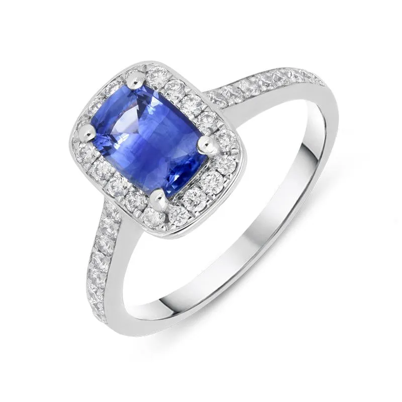 18ct White Gold 0.85ct Sapphire Diamond Cushion Cluster Ring made by C.W. Sellors