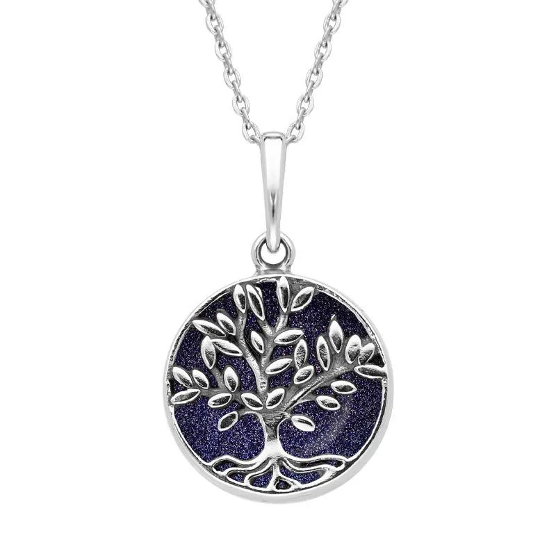 Sterling Silver Blue Goldstone Small Round Large Leaves Tree of Life Necklace made by C.W. Sellors