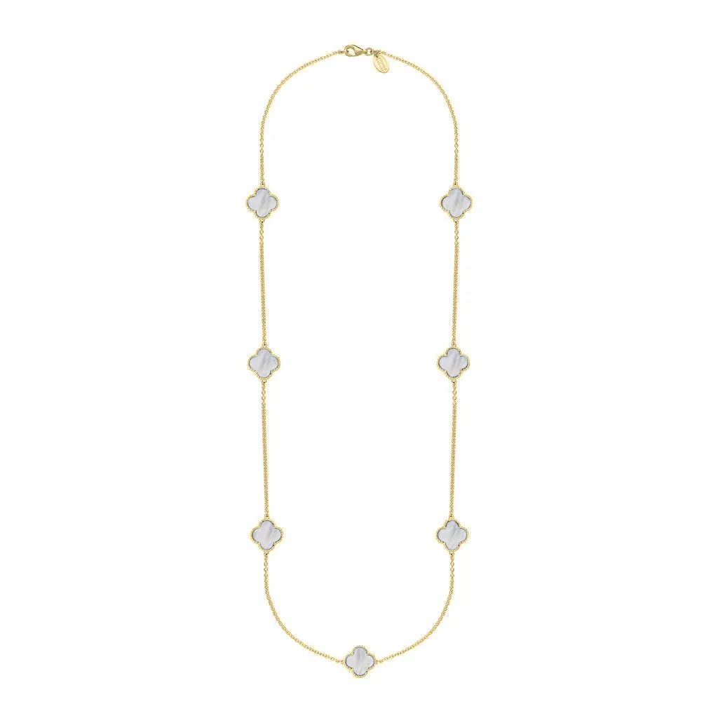 18ct Yellow Gold White Mother of Pearl Bloom Four Leaf Clover Ball Edge Long Necklace sold by C.W. Sellors