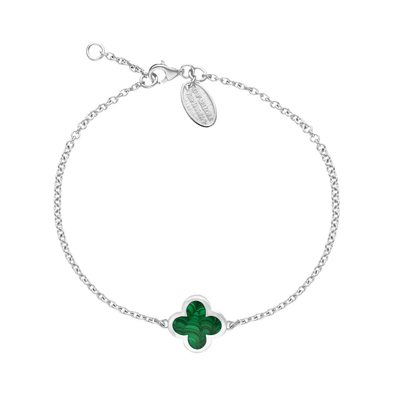 18ct White Gold Malachite Bloom Four Leaf Clover Polished Edge Bracelet sold by C.W. Sellors