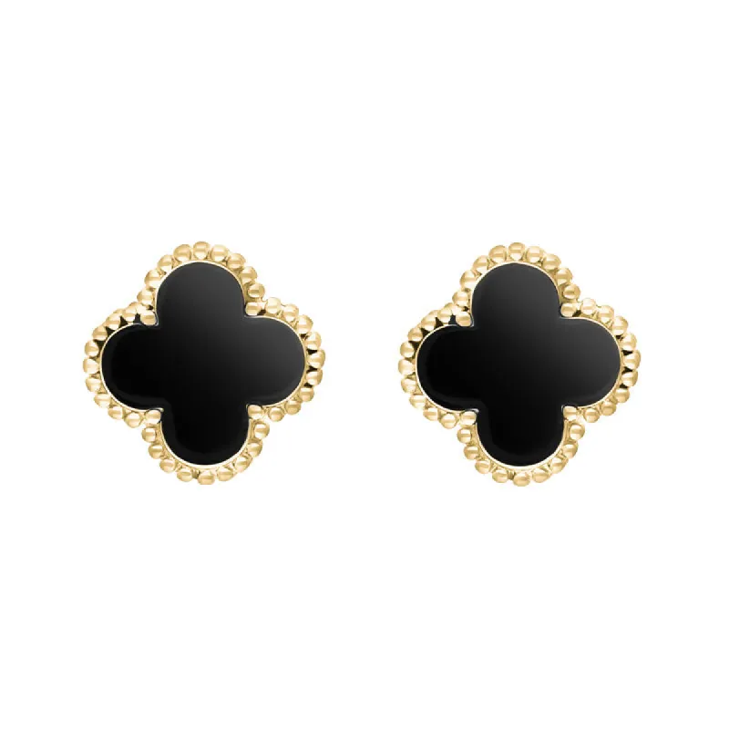18ct Yellow Gold Whitby Jet Bloom Four Leaf Clover Ball Edge Stud Earrings sold by C.W. Sellors