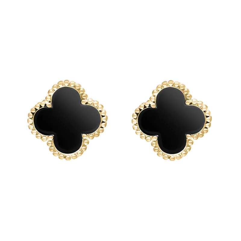 18ct Yellow Gold Whitby Jet Bloom Four Leaf Clover Ball Edge Stud Earrings sold by C.W. Sellors