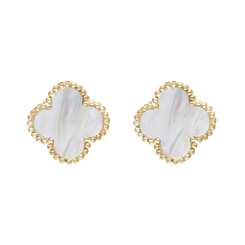 9ct Yellow Gold White Mother of Pearl Bloom Four Leaf Clover Ball Edge Stud Earrings sold by C.W. Sellors