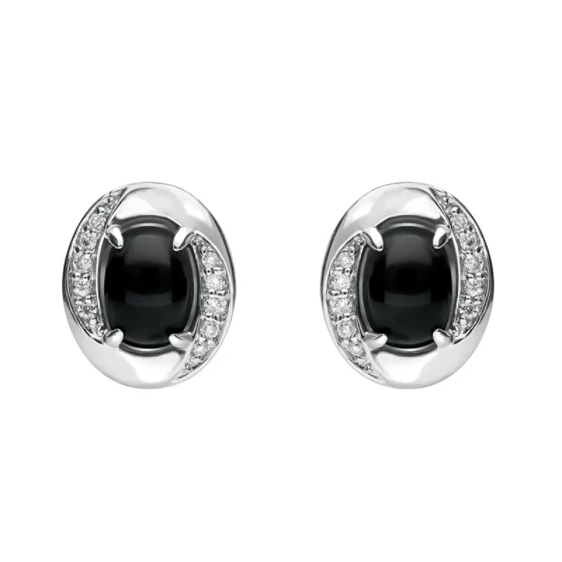 18ct White Gold Whitby Jet 0.11ct Diamond Oval Earrings D sold by C.W. Sellors