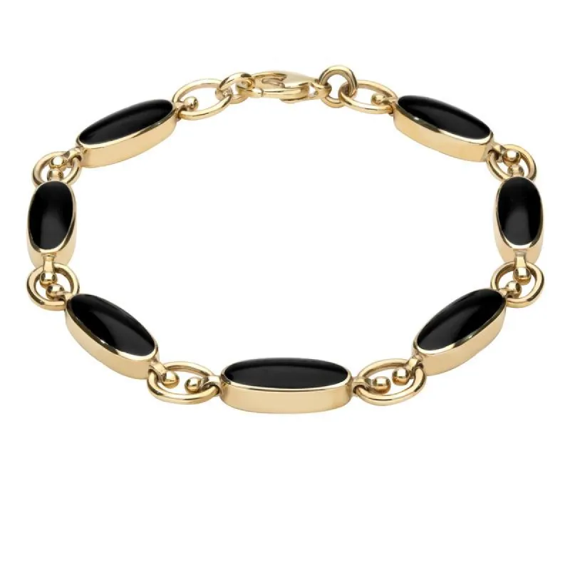 9ct Yellow Gold Whitby Jet Long Oval Bracelet sold by C.W. Sellors