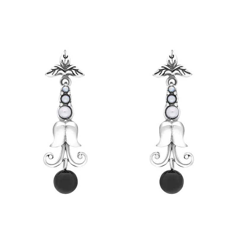Sterling Silver Whitby Jet Freshwater Pearl Scrollwork Drop Earrings sold by C.W. Sellors