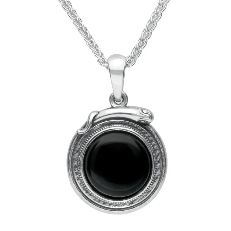 Sterling Silver Whitby Jet Small Round Snake Edge Necklace sold by C.W. Sellors