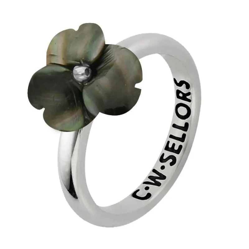 Sterling Silver Dark Mother of Pearl Tuberose 10mm Clover Ring sold by C.W. Sellors