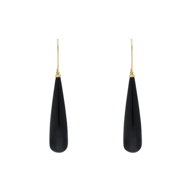 9ct Yellow Gold Whitby Jet Bomb Drop Long Hook Earrings D sold by C.W. Sellors