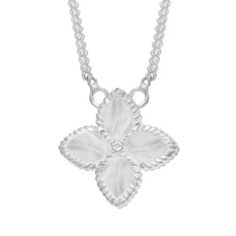 18ct White Gold White Mother of Pearl Eden Small Marquise Flower Necklace sold by C.W. Sellors