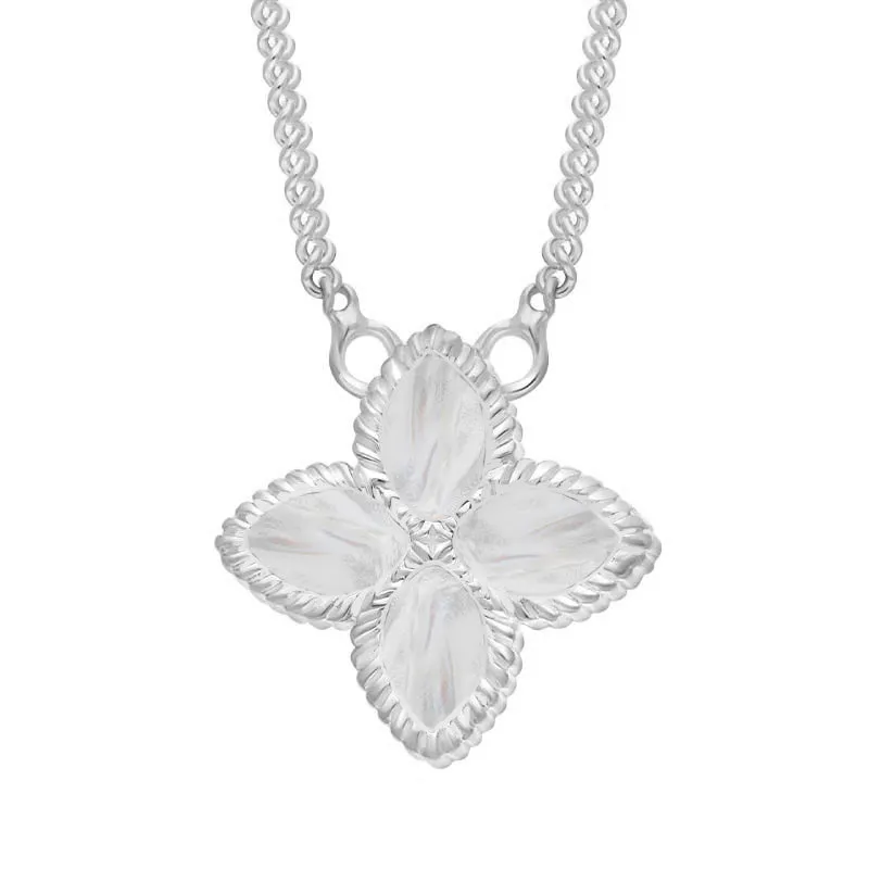18ct White Gold White Mother of Pearl Eden Small Marquise Flower Necklace sold by C.W. Sellors