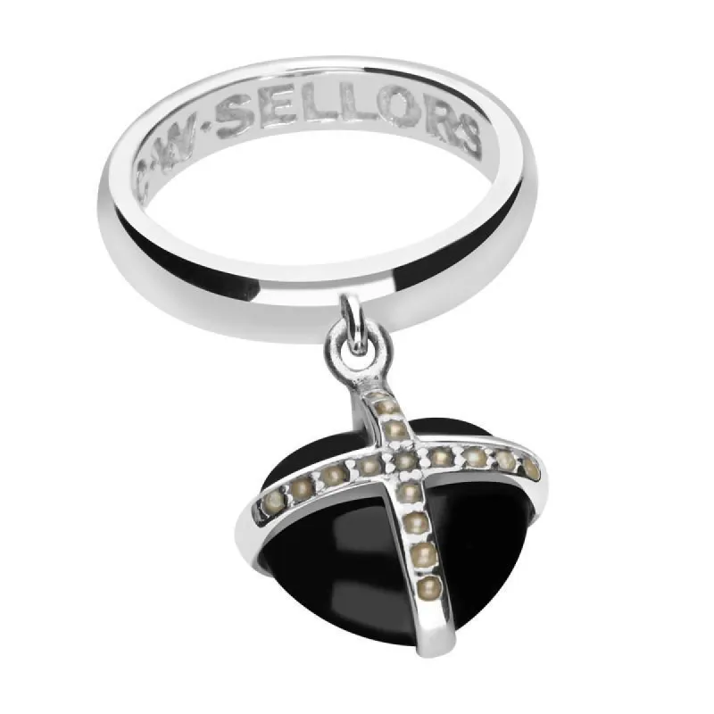 Sterling Silver Whitby Jet Seventeen Pearl Small Cross Heart Dropper Ring sold by C.W. Sellors