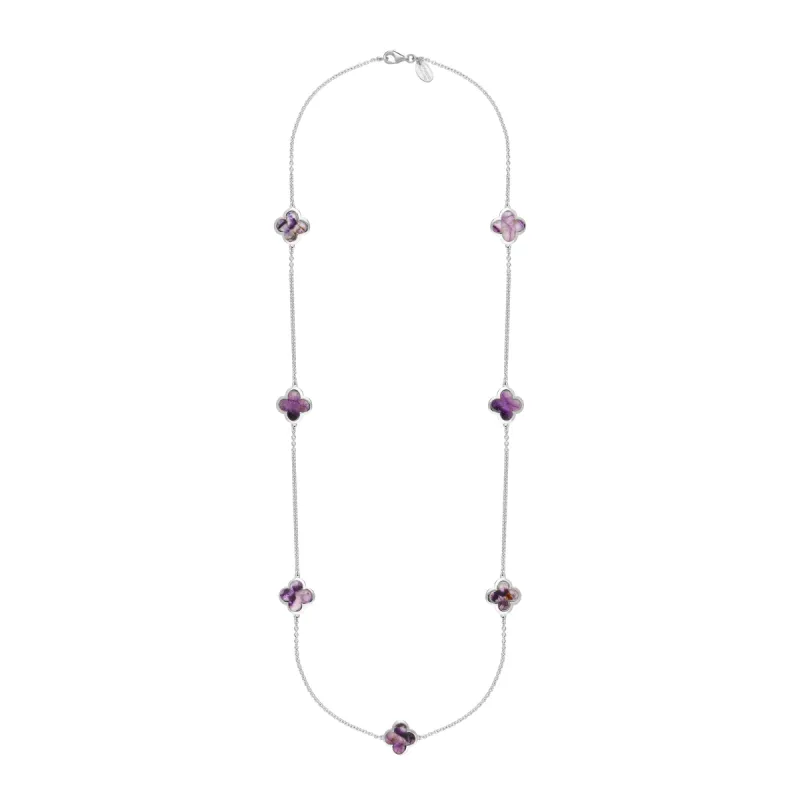 Sterling Silver Blue John Bloom Four Leaf Clover Long Necklace sold by C.W. Sellors