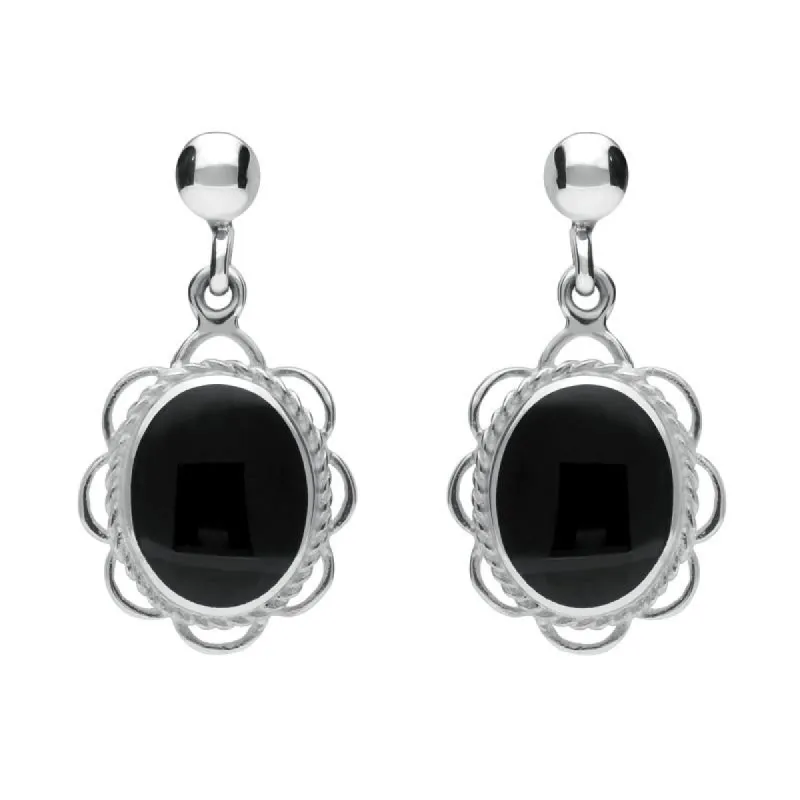 Sterling Silver Whitby Jet Large Oval Rope Frill Drop Earrings sold by C.W. Sellors