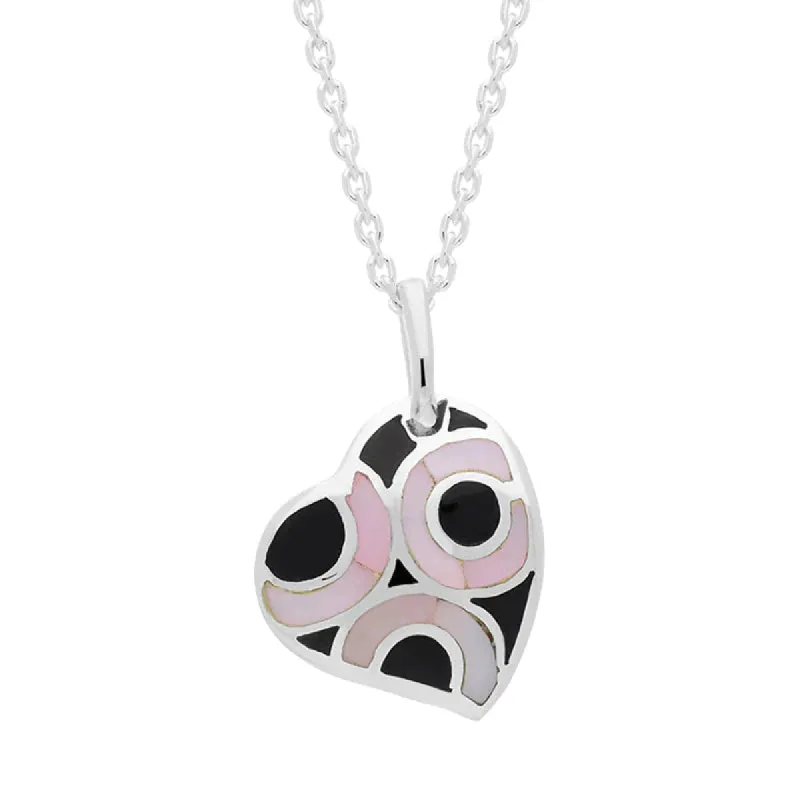 Sterling Silver Whitby Jet Pink Mother of Pearl Heart Necklace D sold by C.W. Sellors