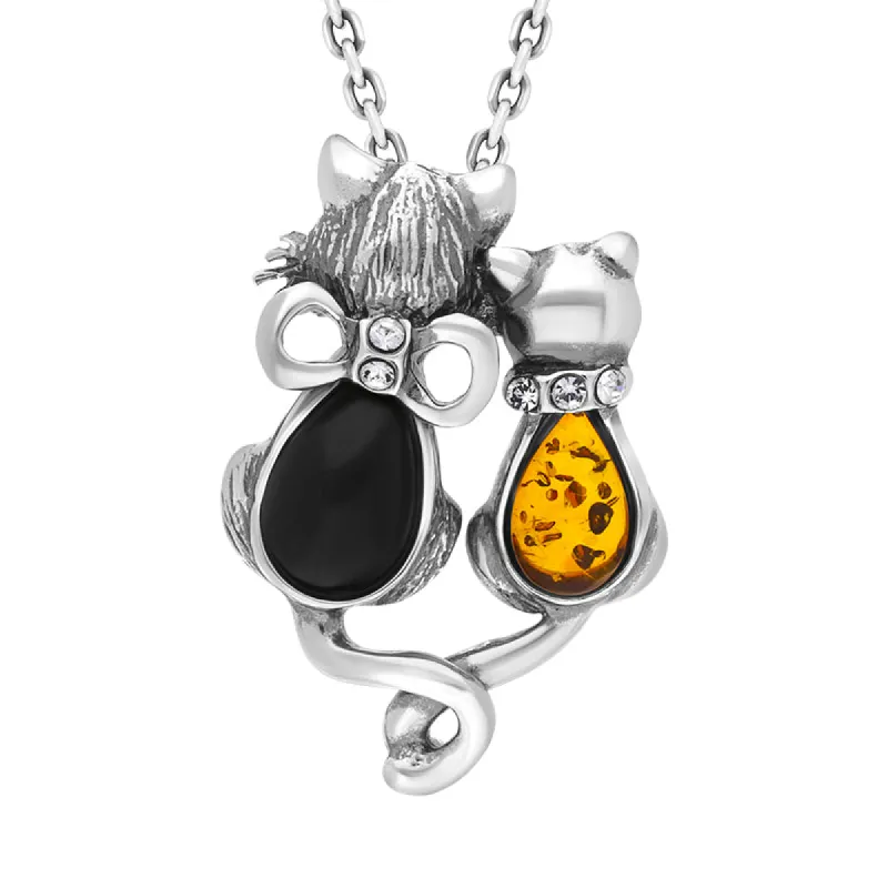 Sterling Silver Amber Whitby Jet Cat Necklace sold by C.W. Sellors