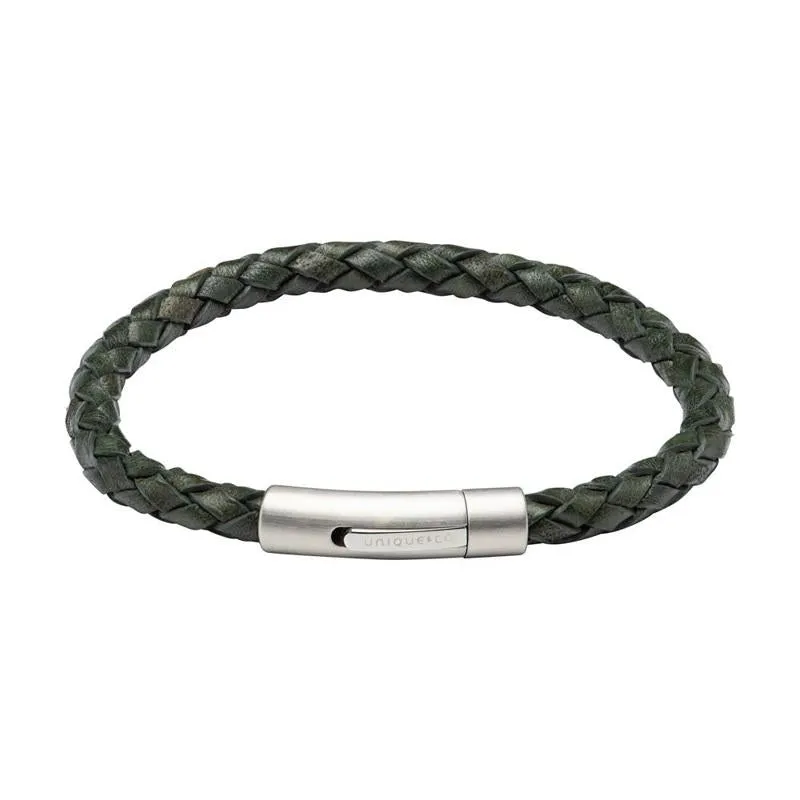 Unique & Co Matte Stainless Steel Dark Green Leather Bracelet sold by C.W. Sellors