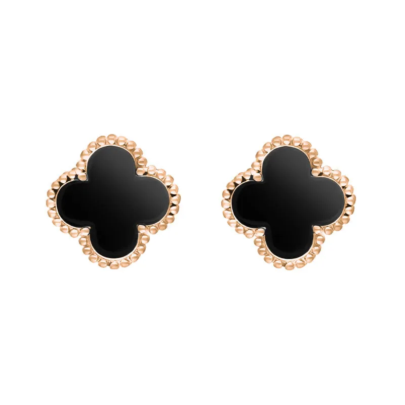 18ct Rose Gold Whitby Jet Bloom Four Leaf Clover Ball Edge Stud Earrings sold by C.W. Sellors