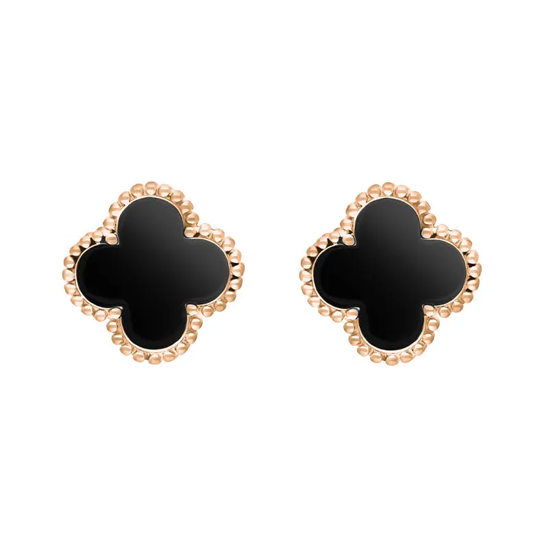 18ct Rose Gold Whitby Jet Bloom Four Leaf Clover Ball Edge Stud Earrings sold by C.W. Sellors
