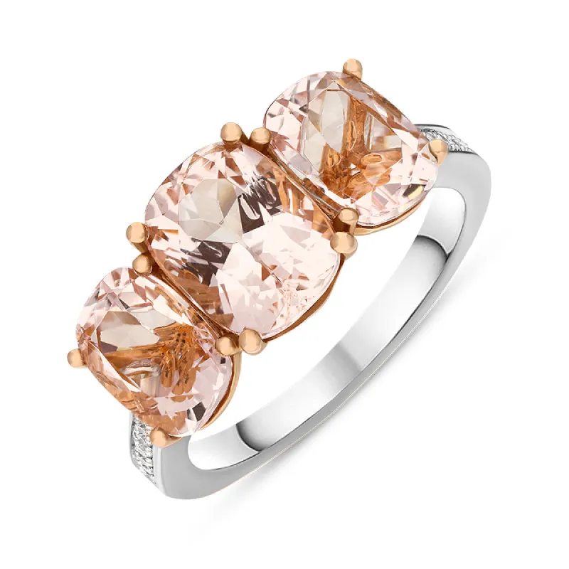 18ct White Gold Morganite Diamond Oval Cut Shoulder Set Three Stone Ring sold by C.W. Sellors