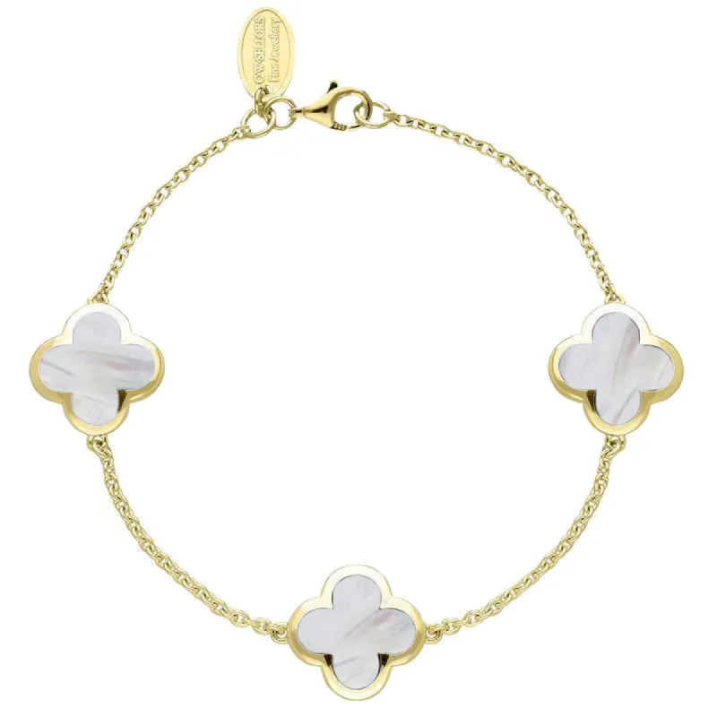 18ct Yellow Gold White Mother of Pearl  Bloom Four Leaf Clover Chain Bracelet sold by C.W. Sellors