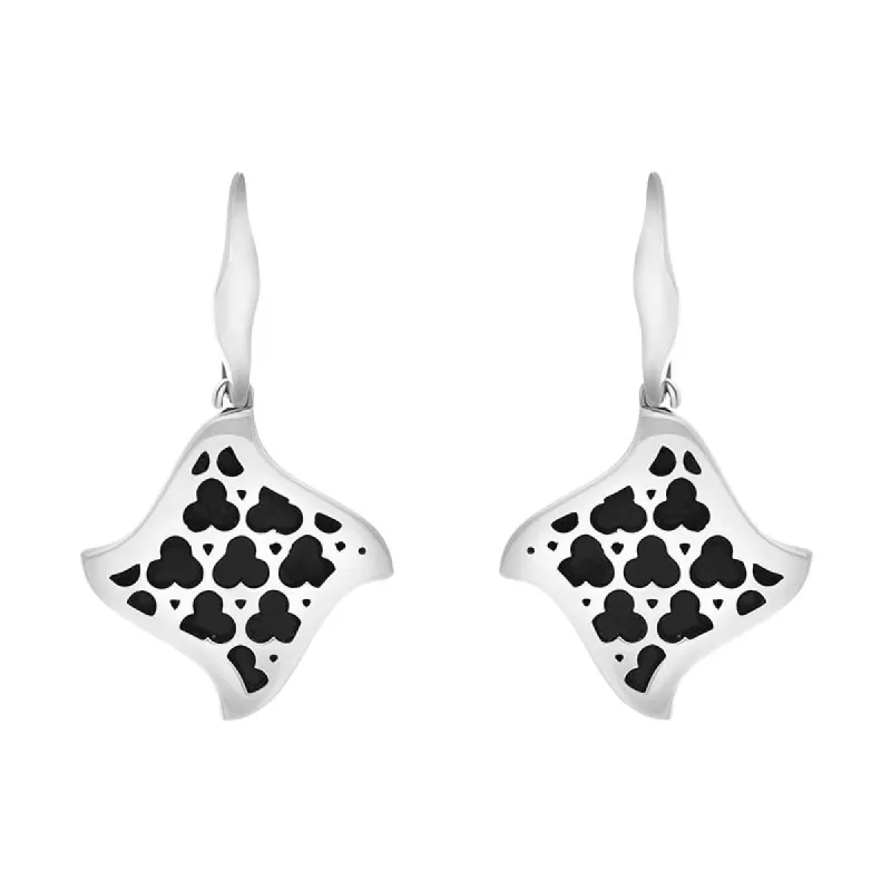 Sterling Silver Whitby Jet Filigree Trefoil Square Drop Earrings sold by C.W. Sellors