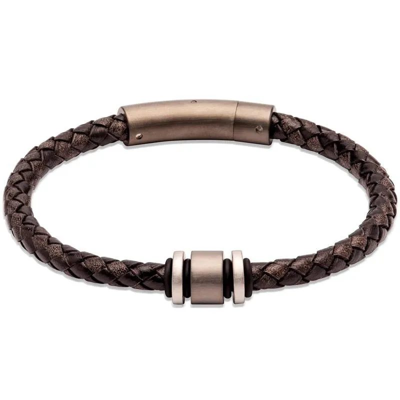 Unique & Co Matte Stainless Steel Black Leather Bracelet sold by C.W. Sellors