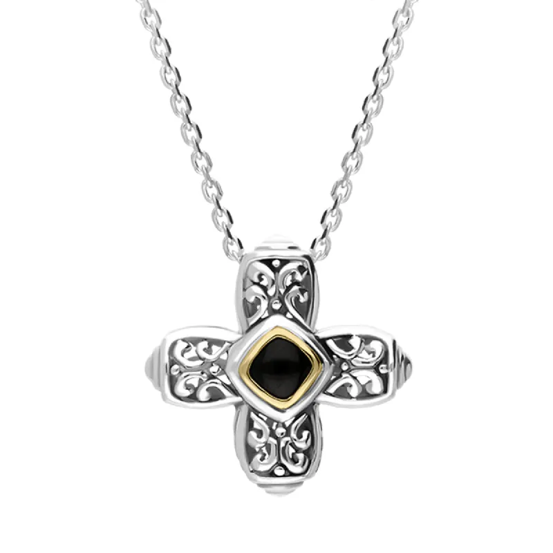 Sterling Silver Whitby Jet Ornate Cross Necklace D sold by C.W. Sellors
