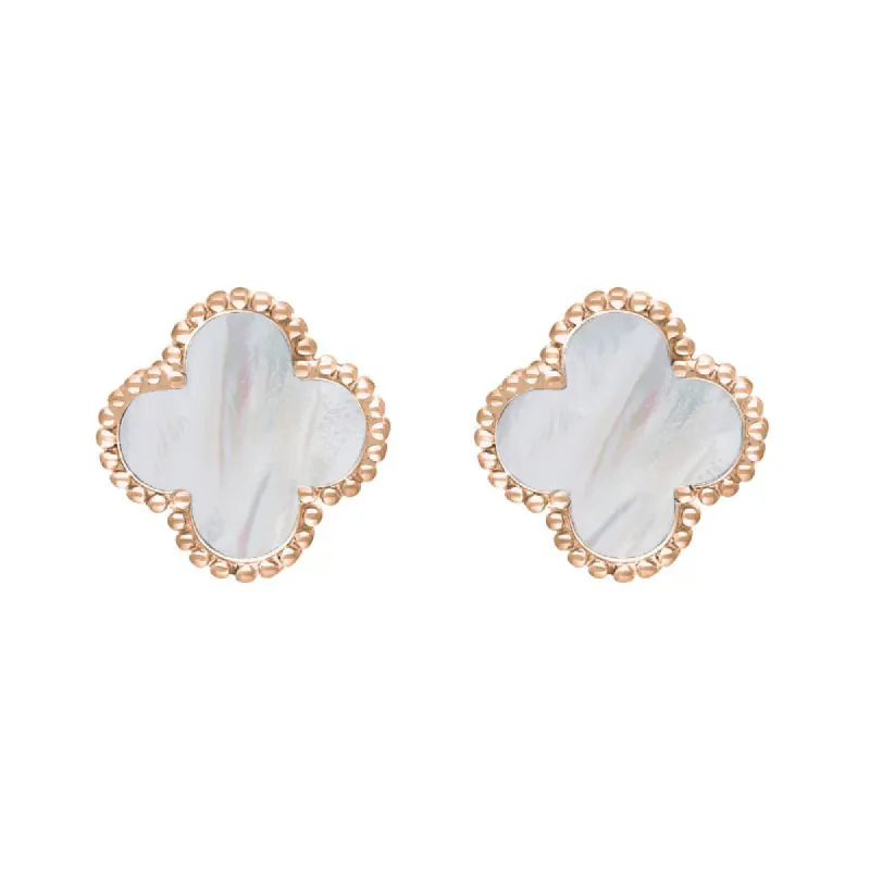 9ct Rose Gold White Mother of Pearl Bloom Four Leaf Clover Ball Edge Stud Earrings sold by C.W. Sellors