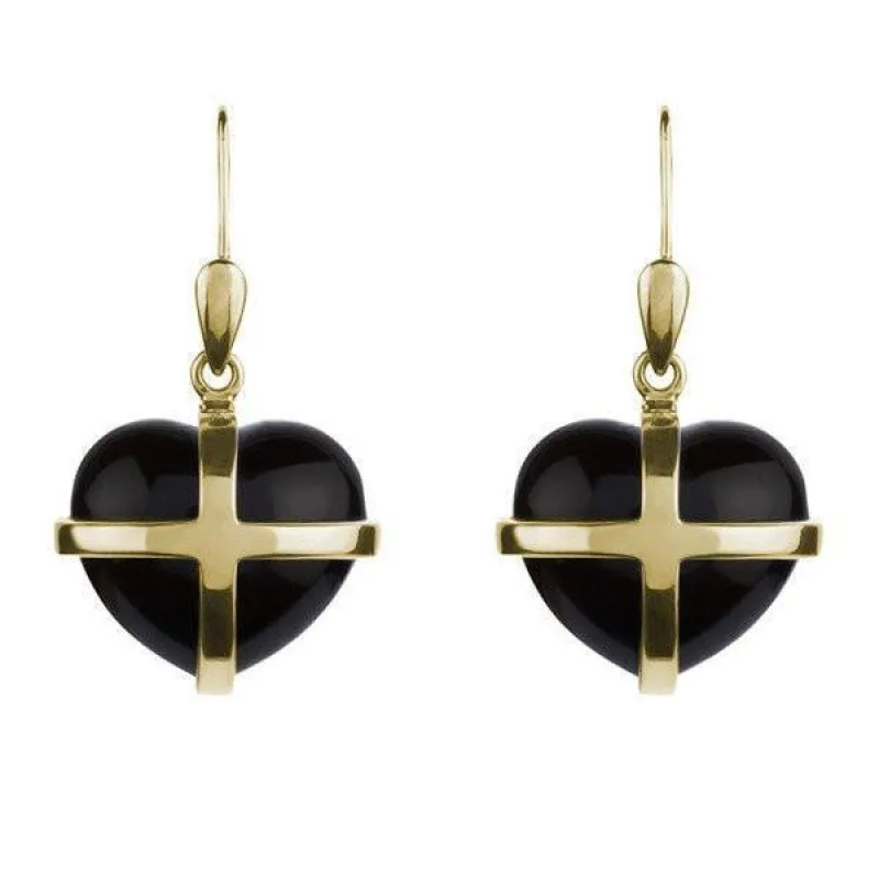 9ct Yellow Gold Whitby Jet Medium Cross Heart Drop Earrings sold by C.W. Sellors