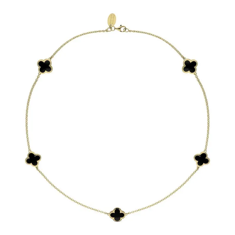 18ct Yellow Gold Whitby Jet Bloom Four Leaf Clover Necklace sold by C.W. Sellors