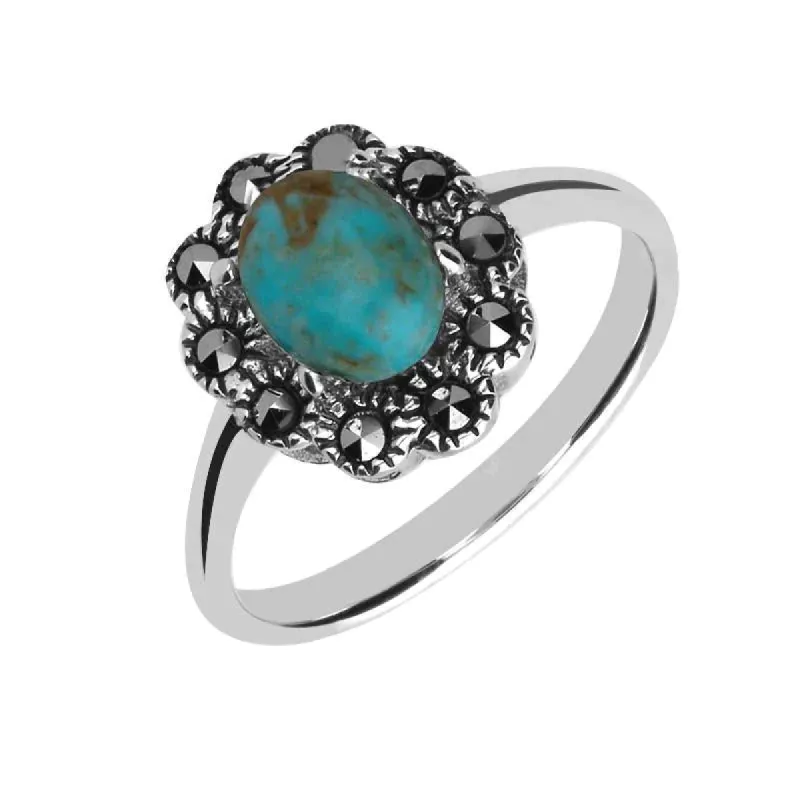 Sterling Silver Turquoise Marcasite Domed Oval Beaded Edge Ring sold by C.W. Sellors