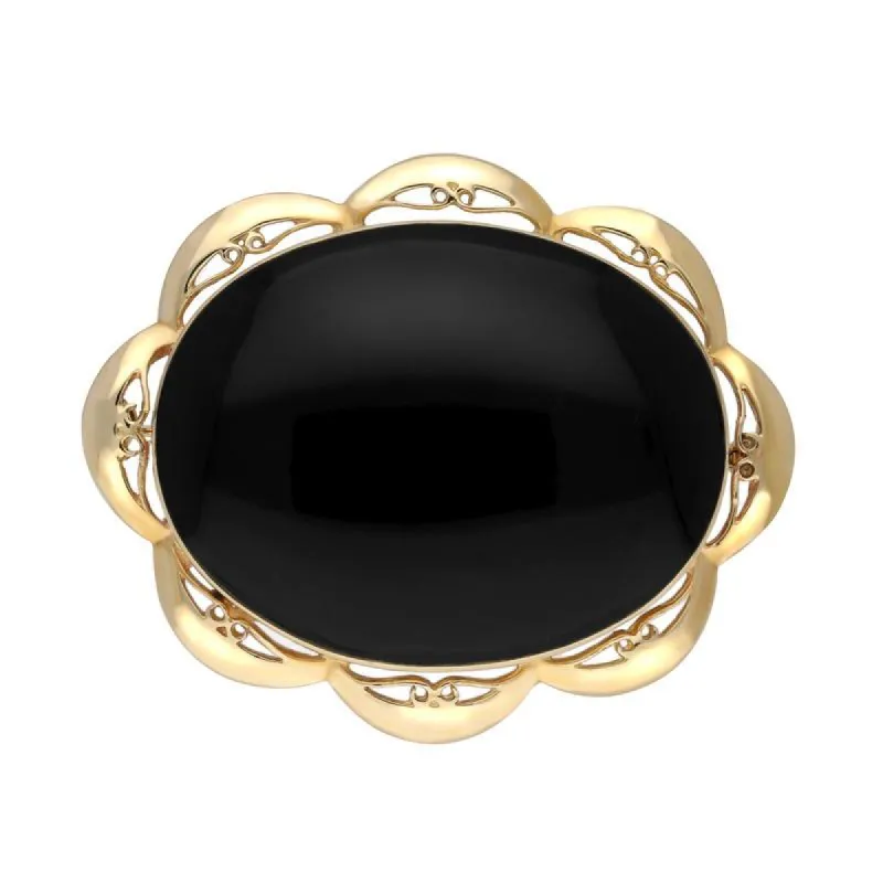 9ct Yellow Gold Whitby Jet Framed Frill Edge Oval Brooch made by C.W. Sellors
