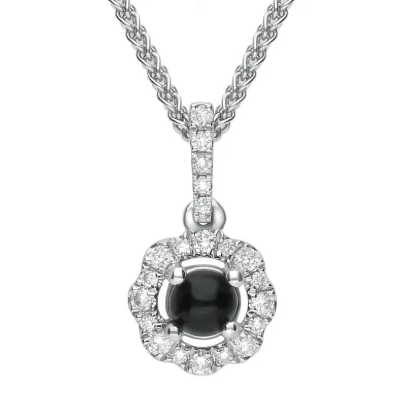 18ct White Gold Whitby Jet Diamond Floral Necklace sold by C.W. Sellors