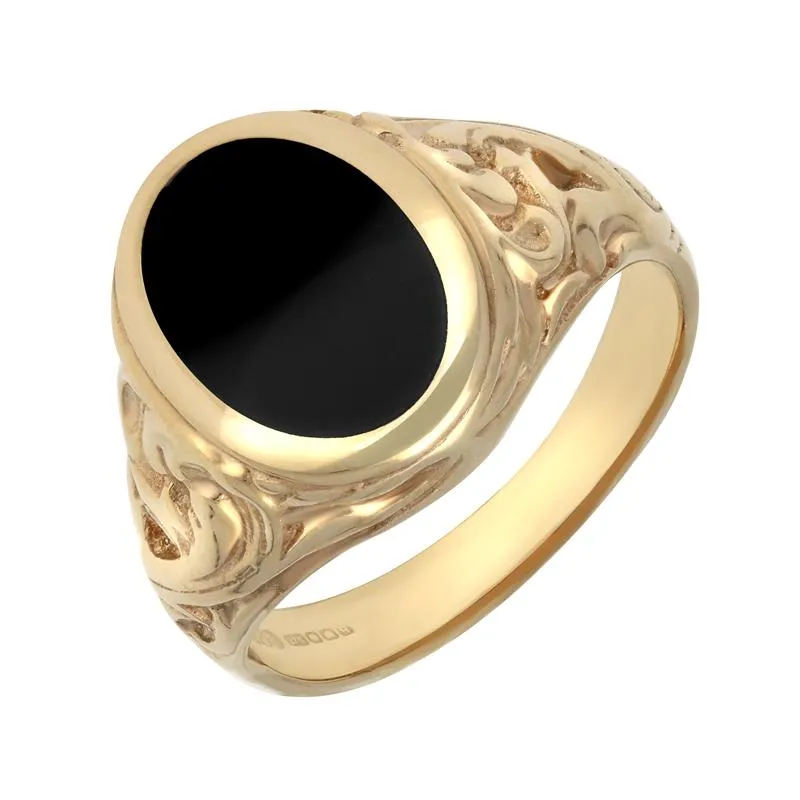 9ct Yellow Gold Whitby Jet Carved Shoulder Oval Signet Ring sold by C.W. Sellors