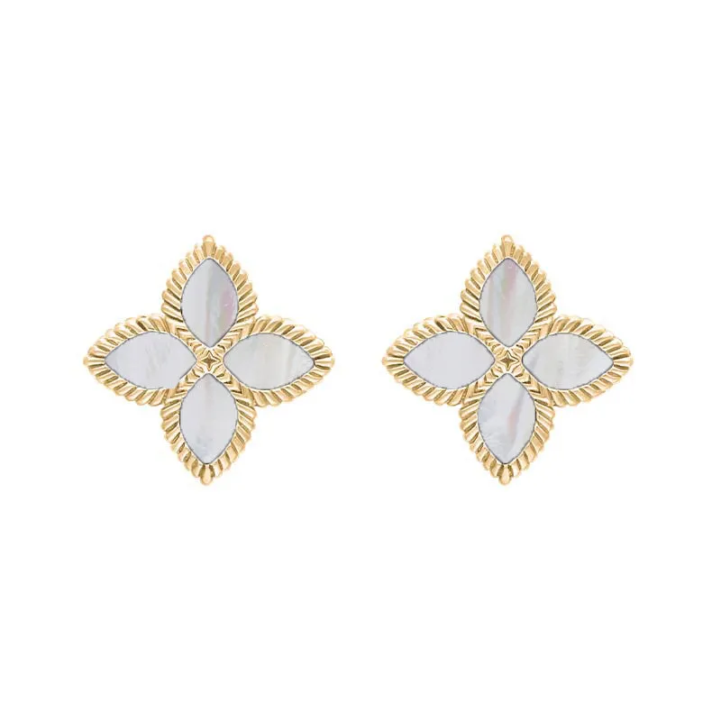 18ct Yellow Gold White Mother of Pearl Eden Marquise Flower Stud Earrings sold by C.W. Sellors