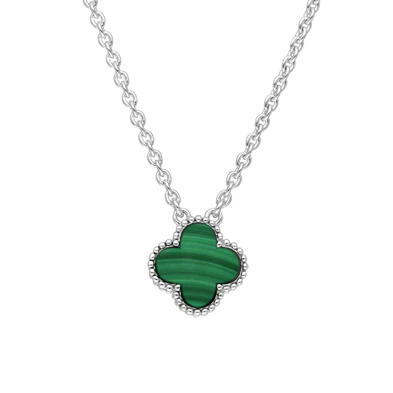 18ct White Gold Malachite Bloom Small Four Leaf Clover Ball Edge Chain Necklace sold by C.W. Sellors