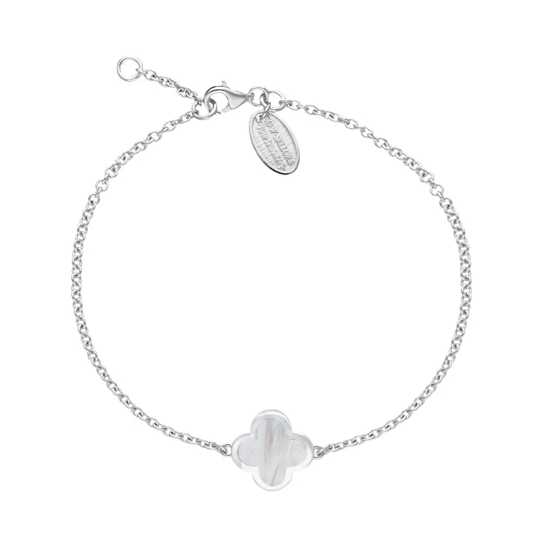 18ct White Gold White Mother of Pearl Bloom Four Leaf Clover Polished Edge Bracelet sold by C.W. Sellors