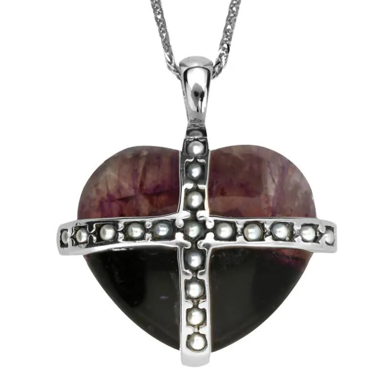 Sterling Silver Blue John Nineteen Pearl Large Cross Heart Necklace sold by C.W. Sellors